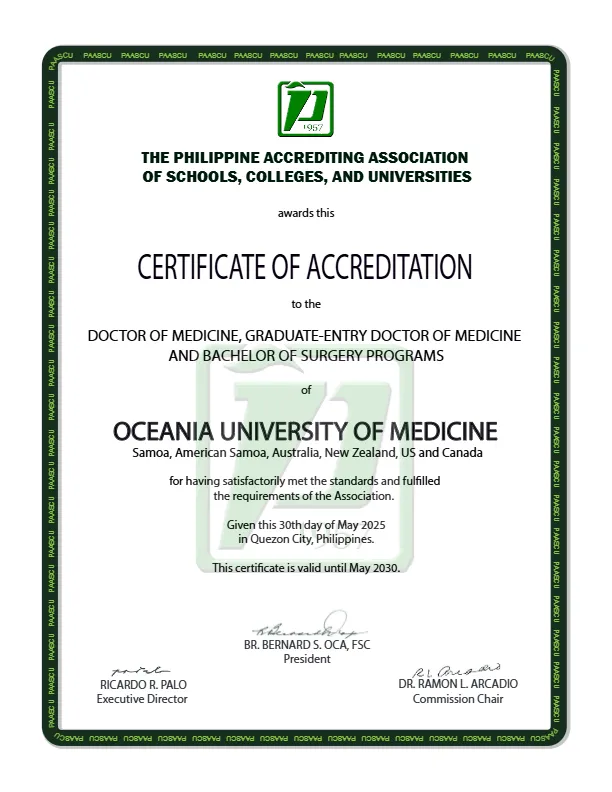 Certificate of Accreditation by PAASCU for OUM. Click to opens larger image.