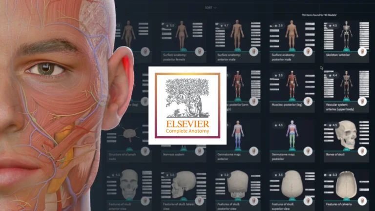 Close-up digital illustration of facial muscles and nerves from a 3D anatomy learning platform, with the Elsevier Complete Anatomy logo in the center and anatomical models displayed in the background