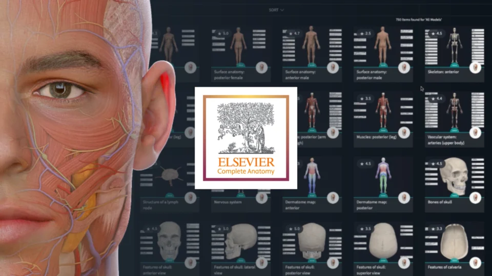 Close-up digital illustration of facial muscles and nerves from a 3D anatomy learning platform, with the Elsevier Complete Anatomy logo in the center and anatomical models displayed in the background