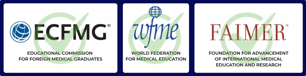 3 logos of ECFMG, WFME, and Faimer with a light green check mark on top of all 3 noting OUM certification and/or accreditation with all 3 foundations. Click to opens larger image.