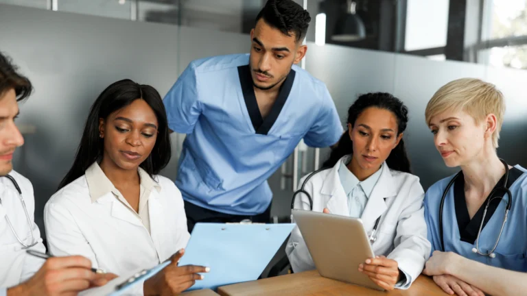 Group of diverse medical students and professionals in scrubs and lab coats reviewing notes and a tablet together, highlighting teamwork and cultural competency in healthcare education