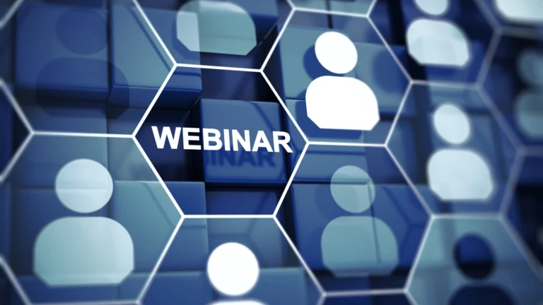 Digital graphic with hexagonal shapes containing user icons and the word “WEBINAR” highlighted in the center, symbolizing online learning and virtual events