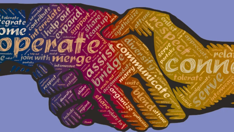 Illustrated handshake made of colorful words like “cooperate,” “assist,” “connect,” “respect,” “share,” and “communicate,” symbolizing collaboration and teamwork