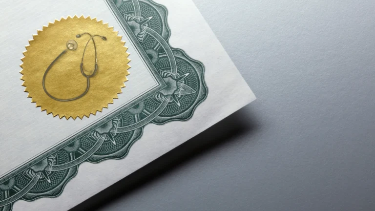 Close-up of a medical certificate with a gold seal featuring a stethoscope and an ornate green border