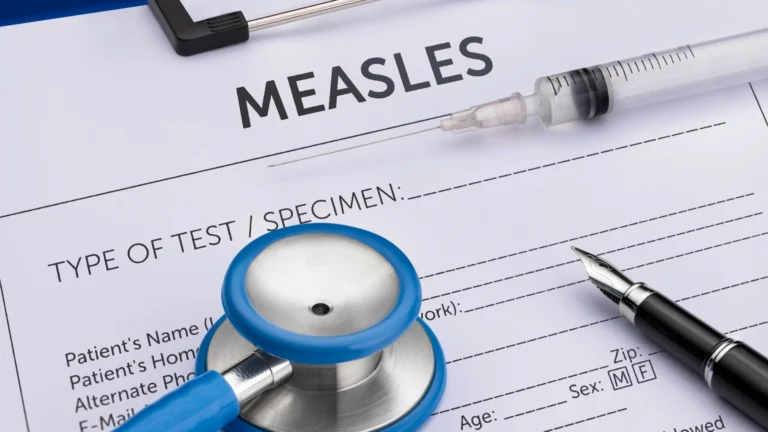 Close-up of a measles test form with a stethoscope, syringe, and pen placed on top