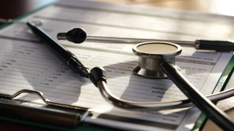 Close-up of a stethoscope and pen resting on a medical form attached to a clipboard, symbolizing healthcare documentation and patient care