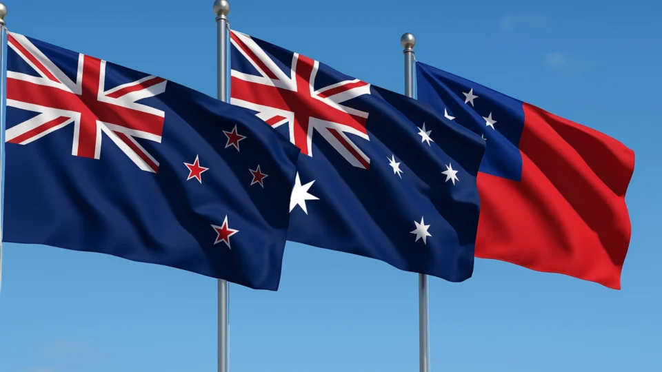 Three flags waving in the wind: the flags of New Zealand, Australia, and the Samoa.