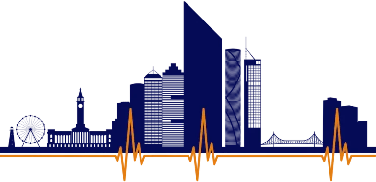 dark blue line drawing of city scape with orange heartbeat ekg line on bottom