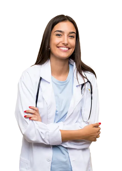 Smiling female medical student wearing white doctors coat with arms crossed